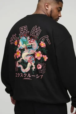 Plus Oversized Dragon Floral Graphic Extended Neck Sweatshirt