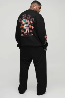 Plus Oversized Dragon Floral Graphic Extended Neck Sweatshirt