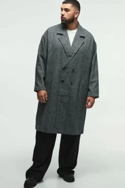 Plus Oversized Drop Shoulder Herringbone Overcoat In Grey