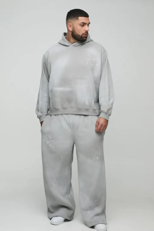 Plus Oversized Embroidered Spray Wash Wide Fit Boxer Jogger Tracksuit