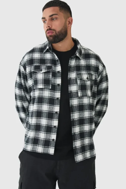 Plus Oversized Fit Large Scale Mono Brushed Checked Shirt