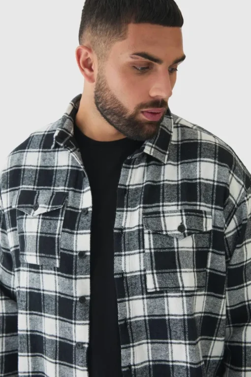 Plus Oversized Fit Large Scale Mono Brushed Checked Shirt