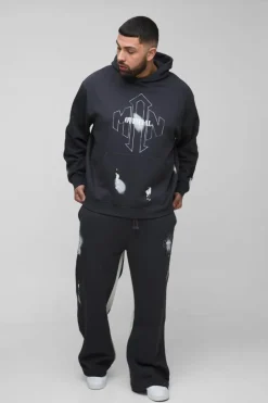 Plus Oversized Man Paint Splatter Hooded Relaxed Flare Tracksuit