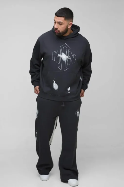 Plus Oversized Man Paint Splatter Hooded Relaxed Flare Tracksuit
