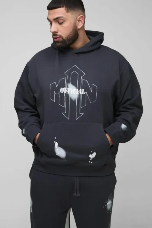 Plus Oversized Man Paint Splatter Hooded Relaxed Flare Tracksuit