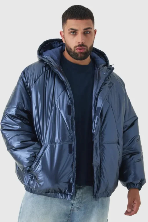 Plus Oversized Metallic Hooded Puffer Jacket In Navy