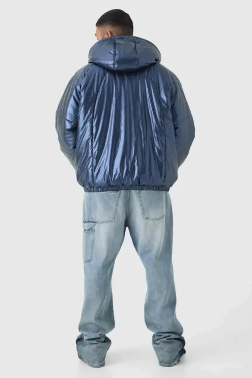 Plus Oversized Metallic Hooded Puffer Jacket In Navy