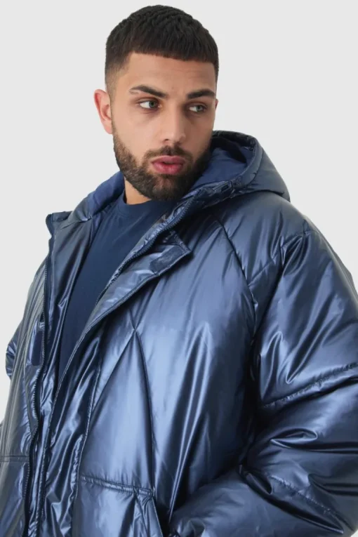 Plus Oversized Metallic Hooded Puffer Jacket In Navy