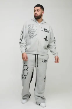 Plus Oversized Multi Placement Graffiti Zip Through Gusset Hooded Tracksuit