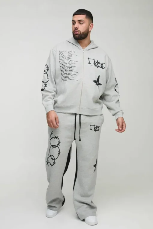 Plus Oversized Multi Placement Graffiti Zip Through Gusset Hooded Tracksuit