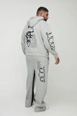 Plus Oversized Multi Placement Graffiti Zip Through Gusset Hooded Tracksuit