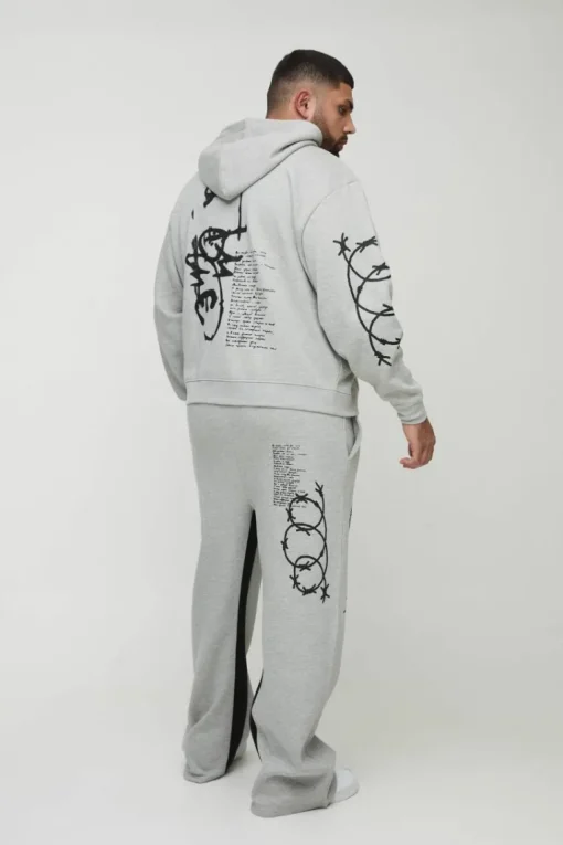 Plus Oversized Multi Placement Graffiti Zip Through Gusset Hooded Tracksuit