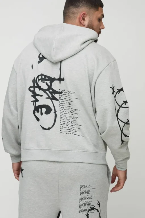 Plus Oversized Multi Placement Graffiti Zip Through Gusset Hooded Tracksuit