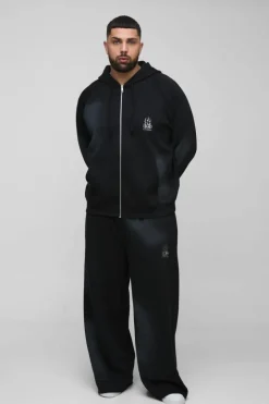 Plus Oversized Raglan Zip Thru Embroidered Spray Wash Hooded Tracksuit