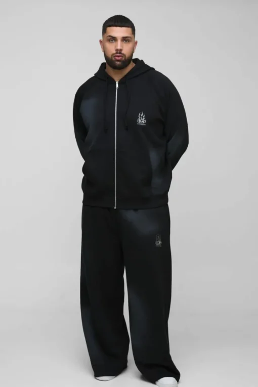 Plus Oversized Raglan Zip Thru Embroidered Spray Wash Hooded Tracksuit