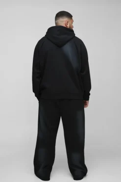 Plus Oversized Raglan Zip Thru Embroidered Spray Wash Hooded Tracksuit