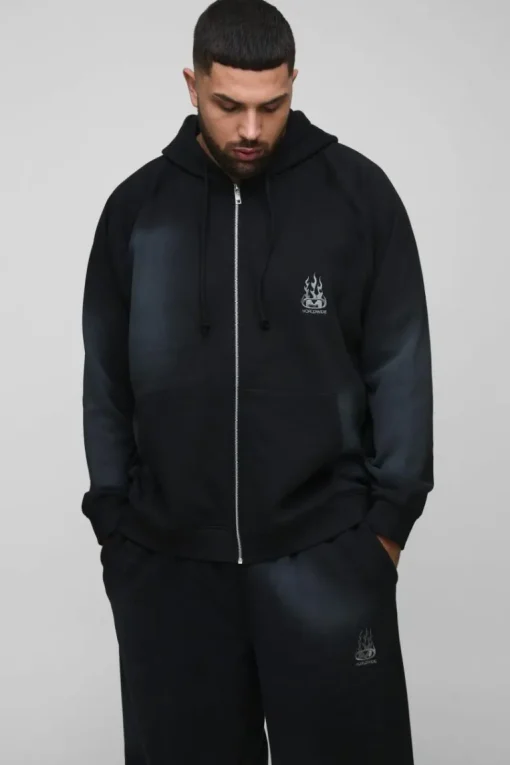 Plus Oversized Raglan Zip Thru Embroidered Spray Wash Hooded Tracksuit