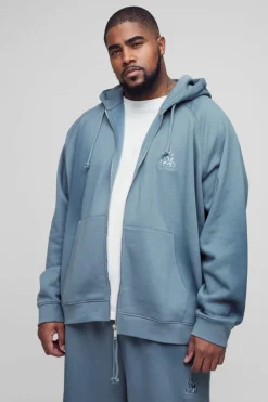 Plus Oversized Raglan Zip Thru Embroidered Spray Wash Hoodie