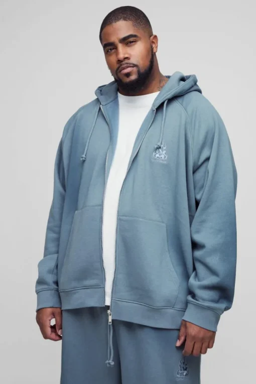 Plus Oversized Raglan Zip Thru Embroidered Spray Wash Hoodie