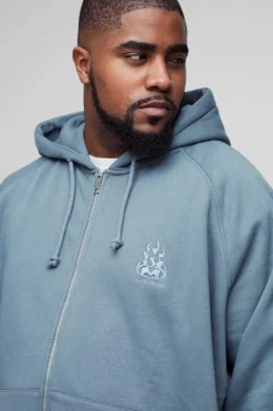 Plus Oversized Raglan Zip Thru Embroidered Spray Wash Hoodie