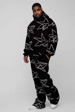 Plus Oversized Star All Over Printed Gusset Flare Hooded Tracksuit