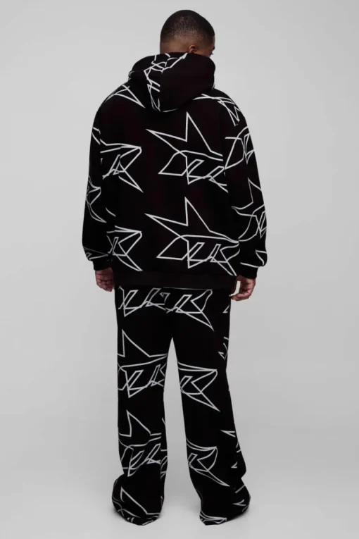 Plus Oversized Star All Over Printed Gusset Flare Hooded Tracksuit