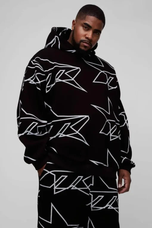Plus Oversized Star All Over Printed Gusset Flare Hooded Tracksuit