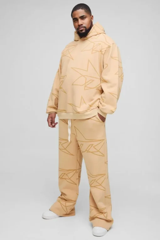 Plus Oversized Star All Over Printed Gusset Flare Hooded Tracksuit