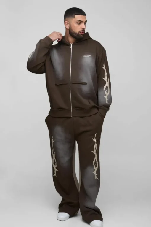 Plus Oversized Zip Thru Graphic Spray Wash Hooded Relaxed Flare Tracksuit
