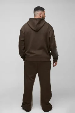 Plus Oversized Zip Thru Graphic Spray Wash Hooded Relaxed Flare Tracksuit