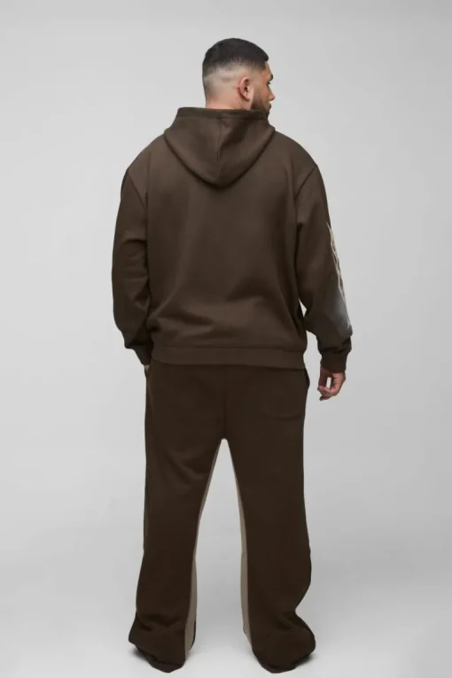 Plus Oversized Zip Thru Graphic Spray Wash Hooded Relaxed Flare Tracksuit