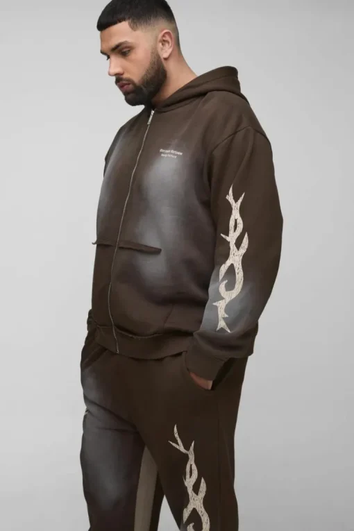 Plus Oversized Zip Thru Graphic Spray Wash Hooded Relaxed Flare Tracksuit