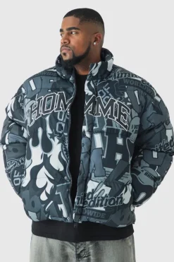 Plus Printed Funnel Neck Mesh Puffer Jacket In Black