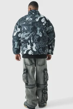 Plus Printed Funnel Neck Mesh Puffer Jacket In Black