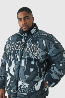 Plus Printed Funnel Neck Mesh Puffer Jacket In Black