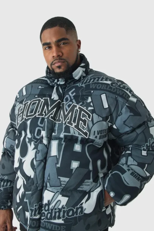 Plus Printed Funnel Neck Mesh Puffer Jacket In Black