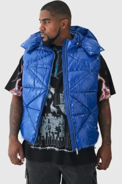Plus Quilted High Shine Vinyl Hooded Gilet In Blue