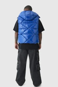 Plus Quilted High Shine Vinyl Hooded Gilet In Blue