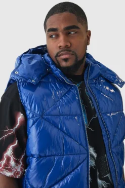 Plus Quilted High Shine Vinyl Hooded Gilet In Blue