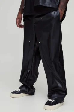 Plus Relaxed Fit Fixed Waistband PU Worker Panel Trousers