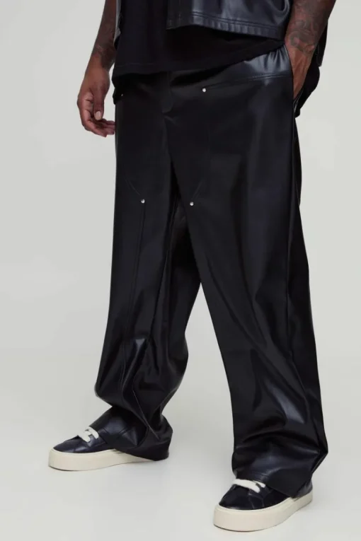 Plus Relaxed Fit Fixed Waistband PU Worker Panel Trousers
