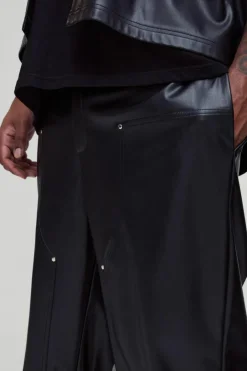 Plus Relaxed Fit Fixed Waistband PU Worker Panel Trousers