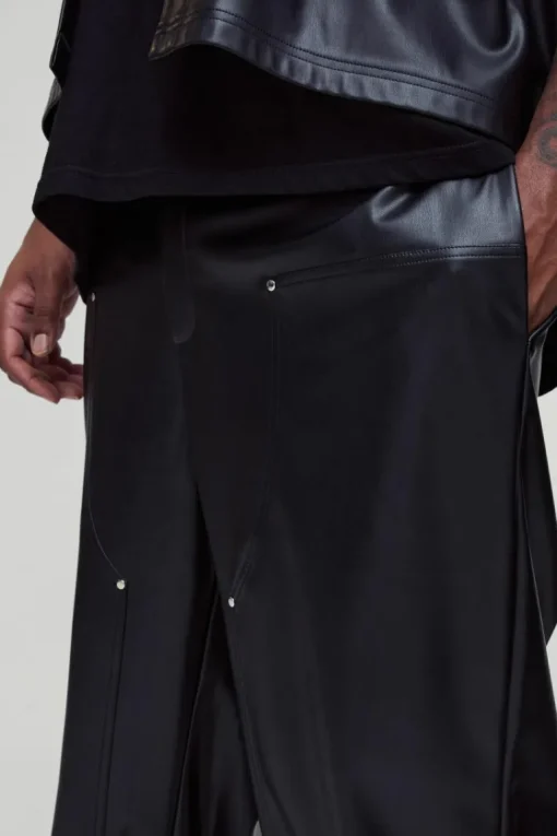 Plus Relaxed Fit Fixed Waistband PU Worker Panel Trousers