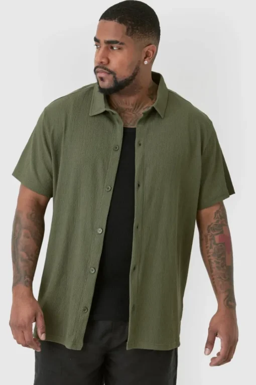 Plus Short Sleeve Regular Textured Shirt In Khaki