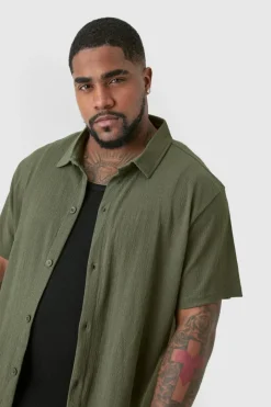Plus Short Sleeve Regular Textured Shirt In Khaki
