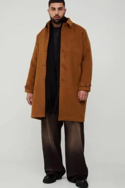 Plus Single Breasted Collared Overcoat In Tan