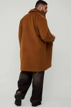 Plus Single Breasted Collared Overcoat In Tan
