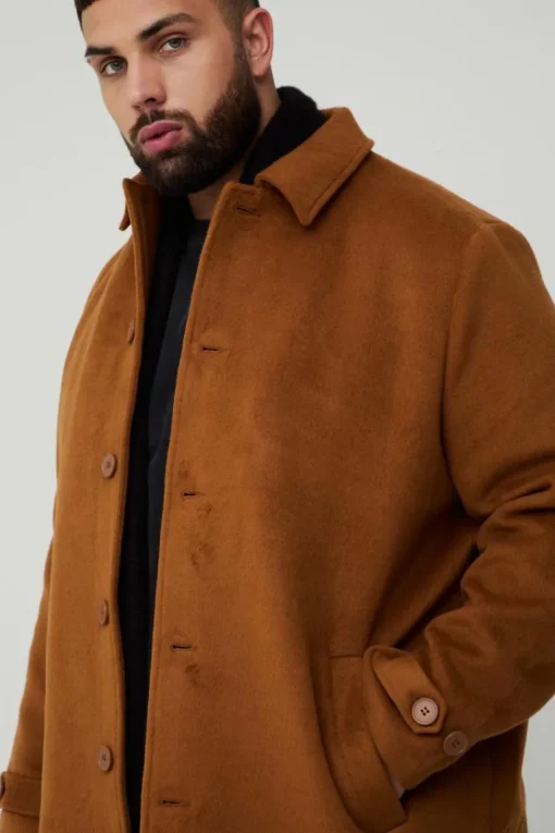 Plus Single Breasted Collared Overcoat In Tan