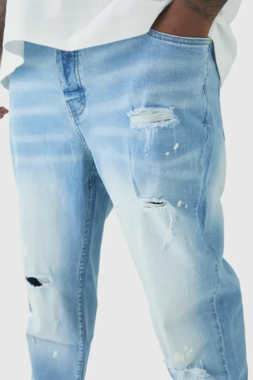 Plus Skinny All Over Ripped Bleached Paint Splatter Jeans