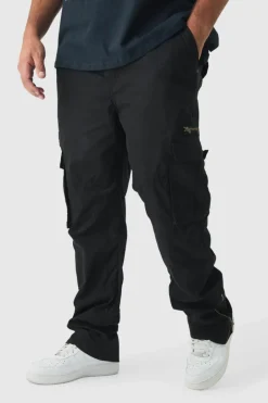 Plus Slim Flare Zip Gusset Overdye Acid Wash Cargo Trouser In Black